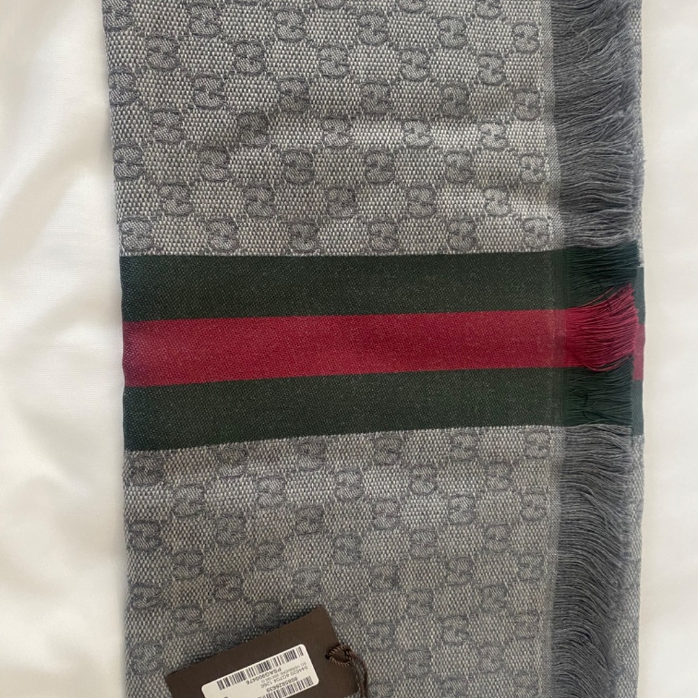 NWT GUCCI gray/green/red WEB stripe VERBIERE wool/silk knit 35x180cm scarf - Picture 9 of 9